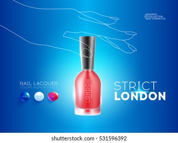 Interesting nail polish packaging. packaging design, logo. Blue background, the outline of a female hand. 3d vector illustration