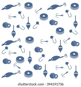 Interesting pattern with different tools for fishing on a white background