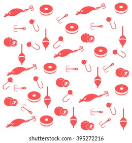 Interesting pattern with different tools for fishing on a white background