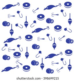 Interesting pattern with different tools for fishing on a white background
