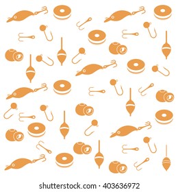 Interesting pattern with different tools for fishing on a white background