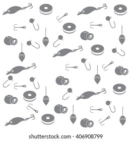Interesting pattern with different tools for fishing on a white background