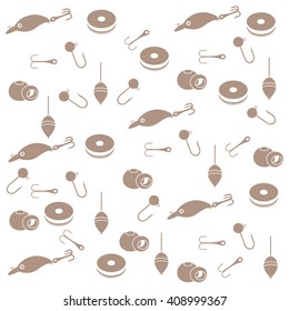 Interesting pattern with different tools for fishing on a white background