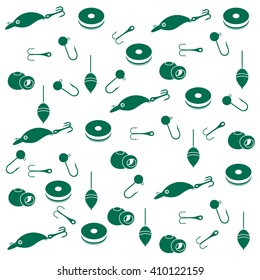 Interesting pattern with different tools for fishing on a white background