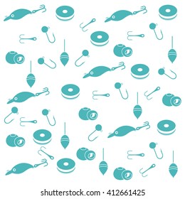Interesting pattern with different tools for fishing on a white background