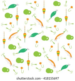 Interesting pattern with different tools for fishing on a white background