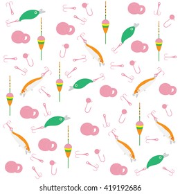 Interesting pattern with different tools for fishing on a white background