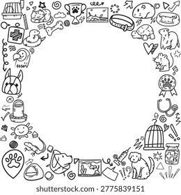 An interesting pattern frame of exotic pet icons with central copy space featuring parrots snakes hamsters and reptile cages.