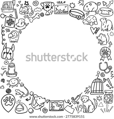 An interesting pattern frame of exotic pet icons with central copy space featuring parrots snakes hamsters and reptile cages.