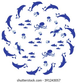 Interesting picture with the various inhabitants of the seas and oceans on white background