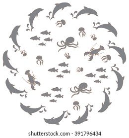 Interesting picture with the various inhabitants of the seas and oceans on white background