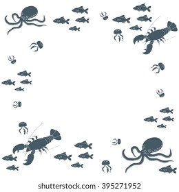 Interesting picture with the various inhabitants of the seas and oceans on white background