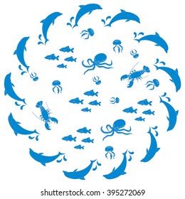 Interesting picture with the various inhabitants of the seas and oceans on white background