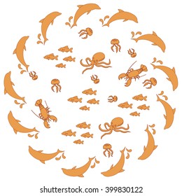 Interesting picture with the various inhabitants of the seas and oceans on white background