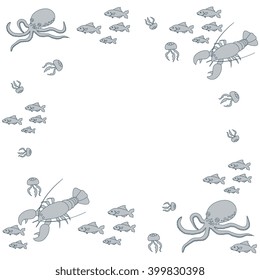 Interesting picture with the various inhabitants of the seas and oceans on white background