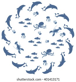 Interesting picture with the various inhabitants of the seas and oceans on white background