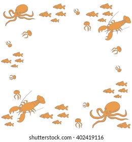 Interesting picture with the various inhabitants of the seas and oceans on white background