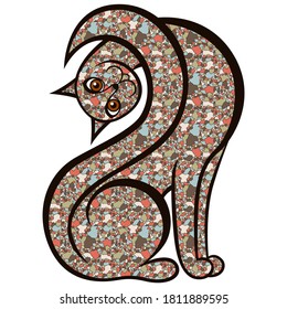 Interessante und spielerische Katze mit Kopf, gekippt zur Seite mit Körper, bestehend aus bunten, muschelförmigen Formen einzeln auf weißem Hintergrund, Vektorgrafik