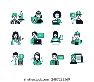 Interesting professions for women and men - line design style icons set with editable stroke. Waiter, fireman, librarian, engineer, seamstress, freelance programmer, writer, SMM specialist, blogger