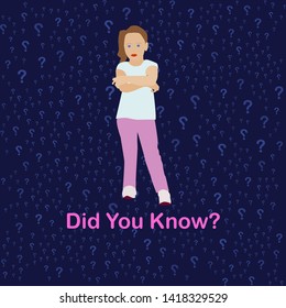 interesting question. Pink text did you know with girl in interesting pose on dark blue background decorated with small question signs. vector illustration 