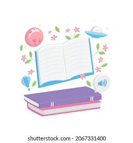 Interesting reading of voluminous books with fairy tales, magical stories. Fantasy literature with fantasy, imagination inside, 3D symbols of ufo, flowers, nature, plants, planet, balloon. Audiobook.