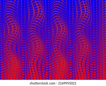 An interesting red and blue wave pattern background makes it look like it's moving.