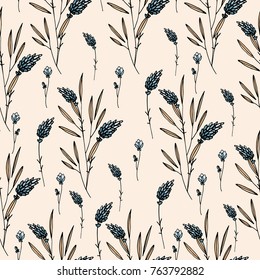 interesting seamless pattern of twigs, leaves, flowers and buds
