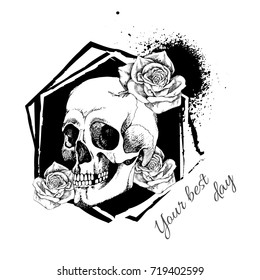Interesting skull vector with flowers. Painted, bright and attractive.
