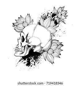 Interesting skull vector with flowers. Painted, bright and attractive.