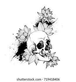 Interesting skull vector with flowers. Painted, bright and attractive.