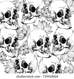 Interesting skull vector with flowers. Painted, bright and attractive.