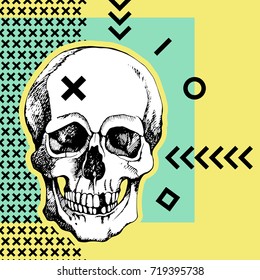 Interesting skull vector. Painted, bright and attractive. Hand drawn with hatching
