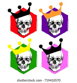 Interesting skull vector. Painted, bright and attractive. Hand drawn with hatching