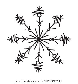 Un interesante copo de nieve con un ornamento simple, que consiste en un zigzag, círculos y ramas pequeñas.  Dibujo de contorno negro sobre fondo blanco.
