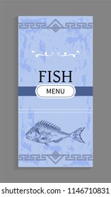 Interesting solution for seafood restaurant. Fish menu in sketch style with ornament and twirl vector illustration on blueish spotted background.