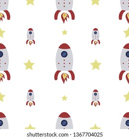 interesting space seamless pattern with the image of a red rocket and yellow stars on a white background
