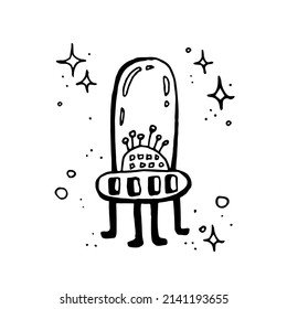 Interesting spaceship and stars doodle vector illustration