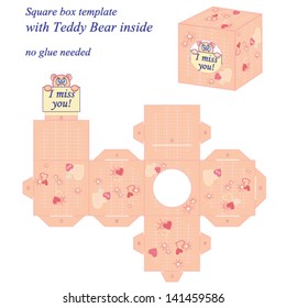 Interesting square box template with cute Teddy Bear inside, holding note I miss you. Vector illustration, no glue needed.