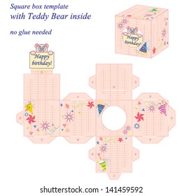 Interesting square box template with cute Teddy Bear inside, holding note Happy birthday. Vector illustration, no glue needed.