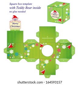 Interesting square box template with cute Teddy Bear inside, holding note Merry Christmas. Vector illustration.