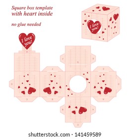 Interesting square box template with red heart inside. Vector illustration, no glue needed.