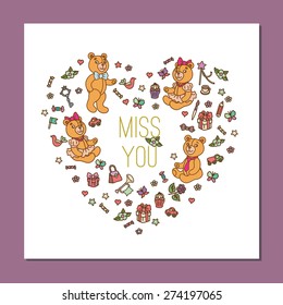 Interesting square postcard template with cute Teddy Bears , includes note I miss you. Vector illustration