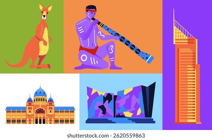 Interesting things in Australia - set of flat design style colorful illustrations