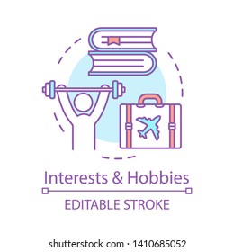 Interests and hobbies concept icon. Leisure, freetime activities idea thin line illustration. Doing sports, traveling, books reading vector isolated outline drawing. Editable stroke