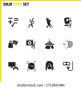 Interests icons set with dancing, video marketing and shopping elements. Set of interests icons and healthy food concept. Editable vector elements for logo app UI design.