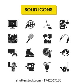 Interests icons set with dj-ing, cocktail and nature elements. Set of interests icons and television concept. Editable vector elements for logo app UI design.