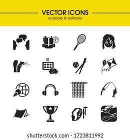 Interests icons set with fishing, knitting and hiking elements. Set of interests icons and rocket concept. Editable vector elements for logo app UI design.