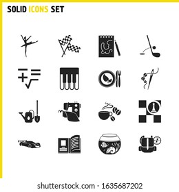 Interests icons set with hiking, math and racing flag elements. Set of interests icons and octave concept. Editable vector elements for logo app UI design.
