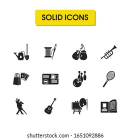 Interests icons set with reading, bowling and tennis elements. Set of interests icons and bugle concept. Editable vector elements for logo app UI design.