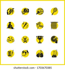 Interests icons set with sculpting, tennis and pets elements. Set of interests icons and rocket concept. Editable vector elements for logo app UI design.